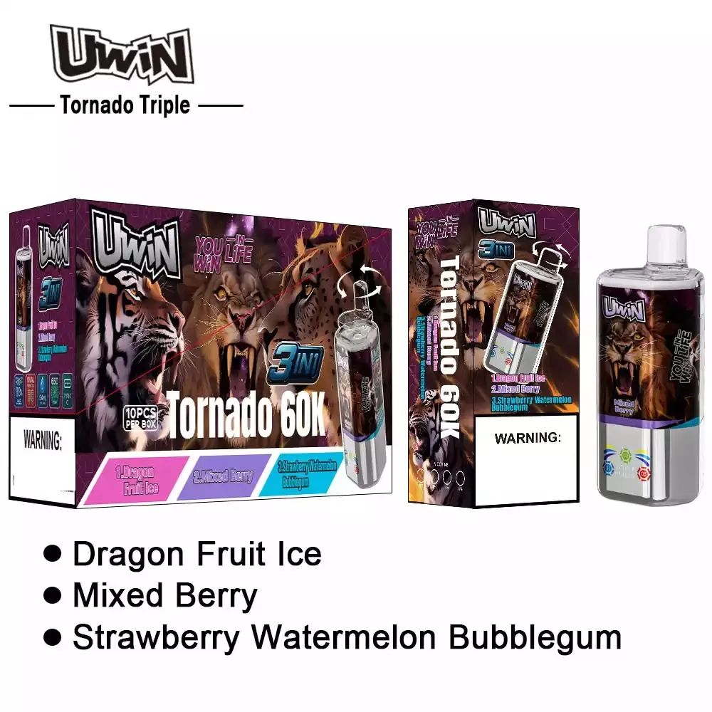 Uwin-Tornado-Triple-60K-Puffs.webp Uwin Tornado Triple 60K Puffs (3 in 1)10 pack - Cherry Ice / Strawberry Red Bull / Blueberry Raspberry